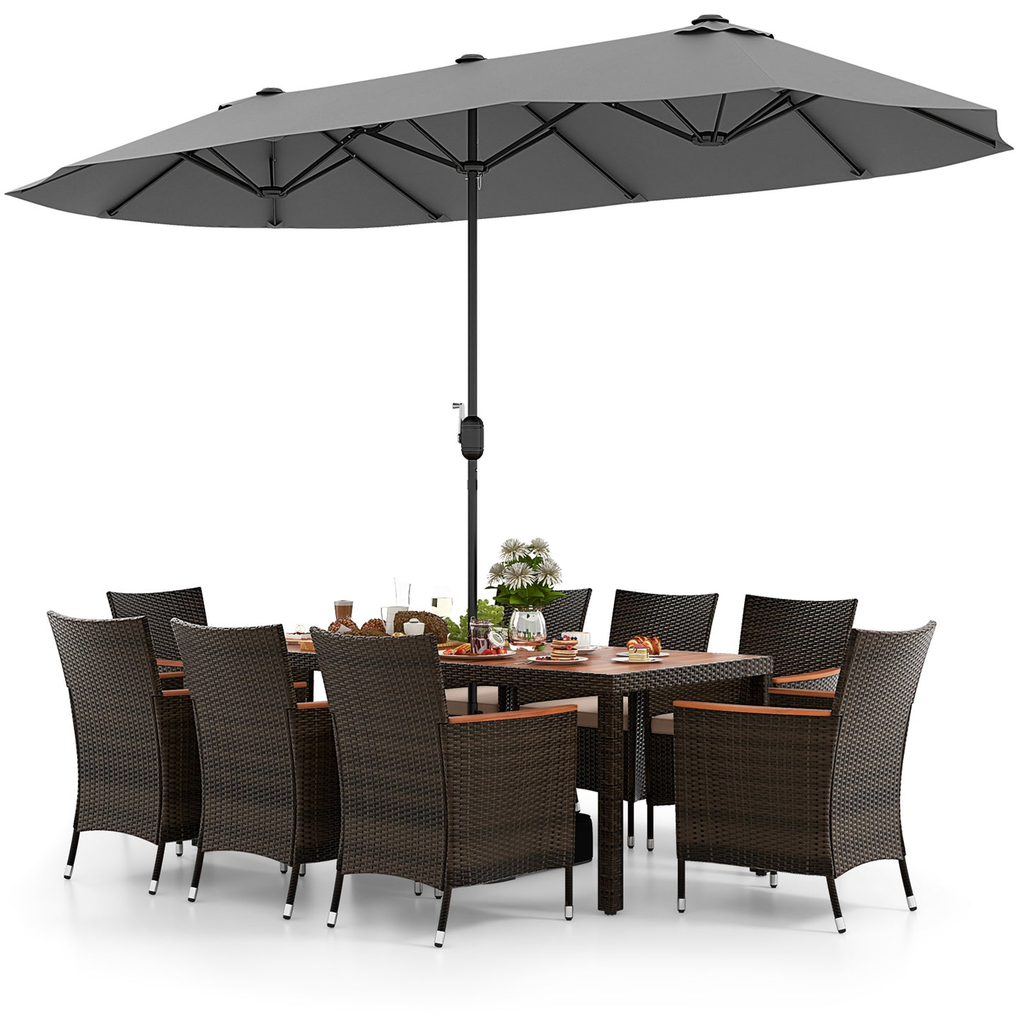 10 Piece Outdoor Dining Set with 15 Feet Double-Sided Twin Patio Umbrella-Gray