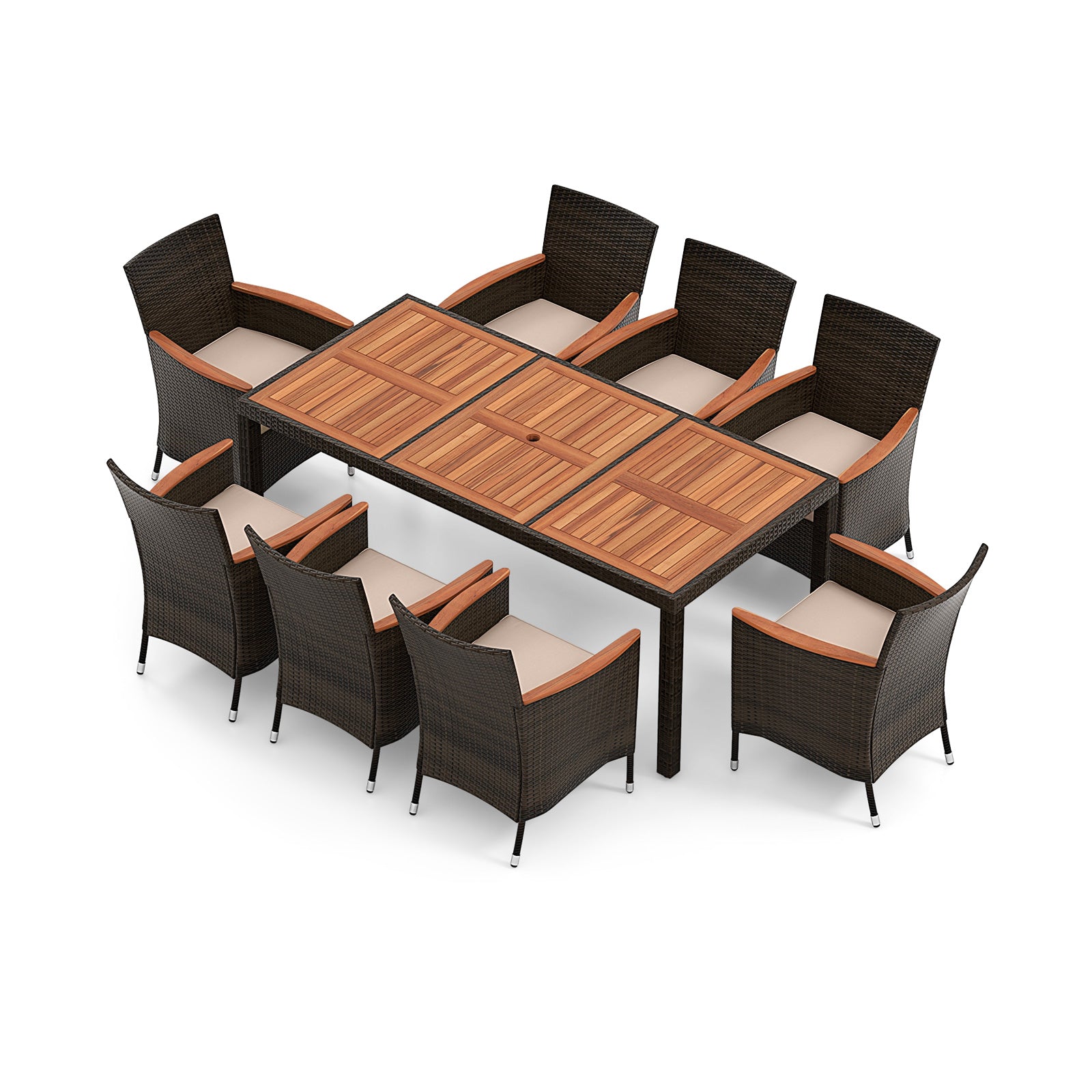 10 Piece Outdoor Dining Set with 15 Feet Double-Sided Twin Patio Umbrella-Brown