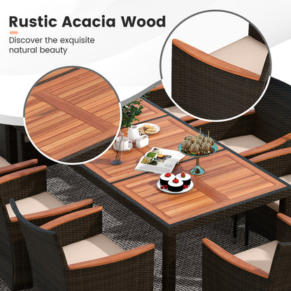 10 Piece Outdoor Dining Set with 15 Feet Double-Sided Twin Patio Umbrella-Brown