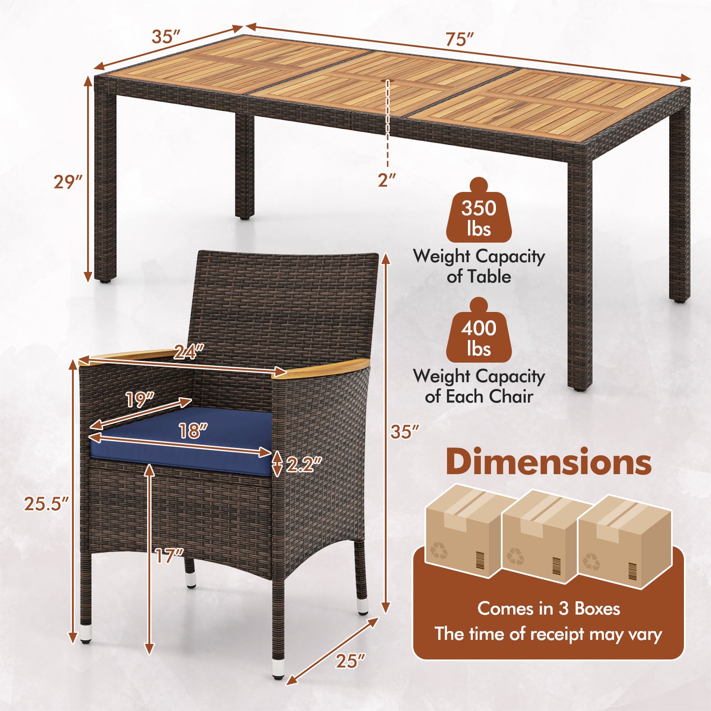 9 Piece Outdoor Dining Set with Acacia Wood Table Top-Navy
