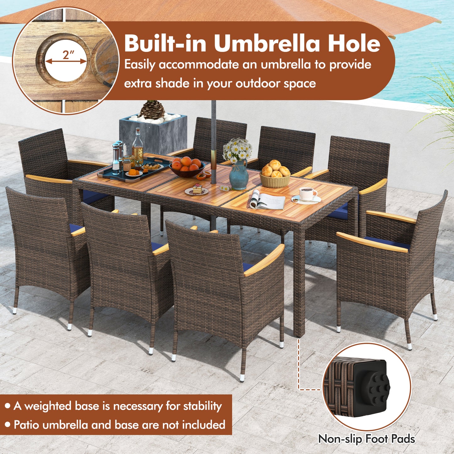 9 Piece Outdoor Dining Set with Acacia Wood Table Top-Navy