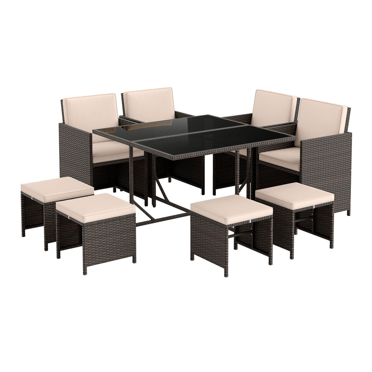 9 Piece Patio Dining Set with Tempered Glass Table and Ottoman-White - Beige