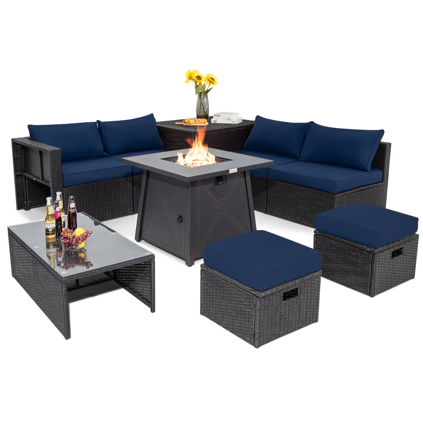 9 Piece Weatherproof Rattan Patio Conversation Set with 30 Inches Propane Fire Pit Table and Dust Covers-Navy - Navy
