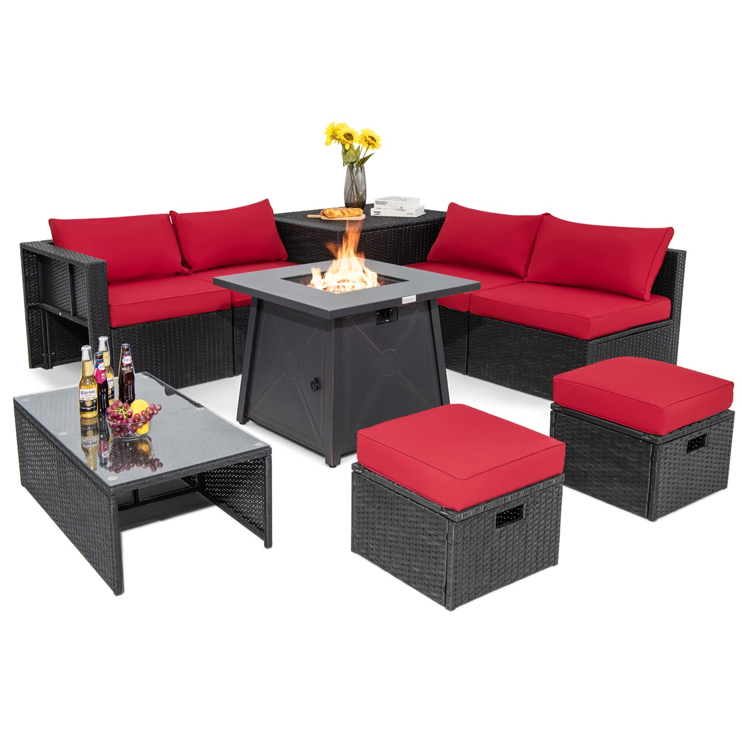 9 Piece Weatherproof Rattan Patio Conversation Set with 30 Inches Propane Fire Pit Table and Dust Covers-Navy - Red