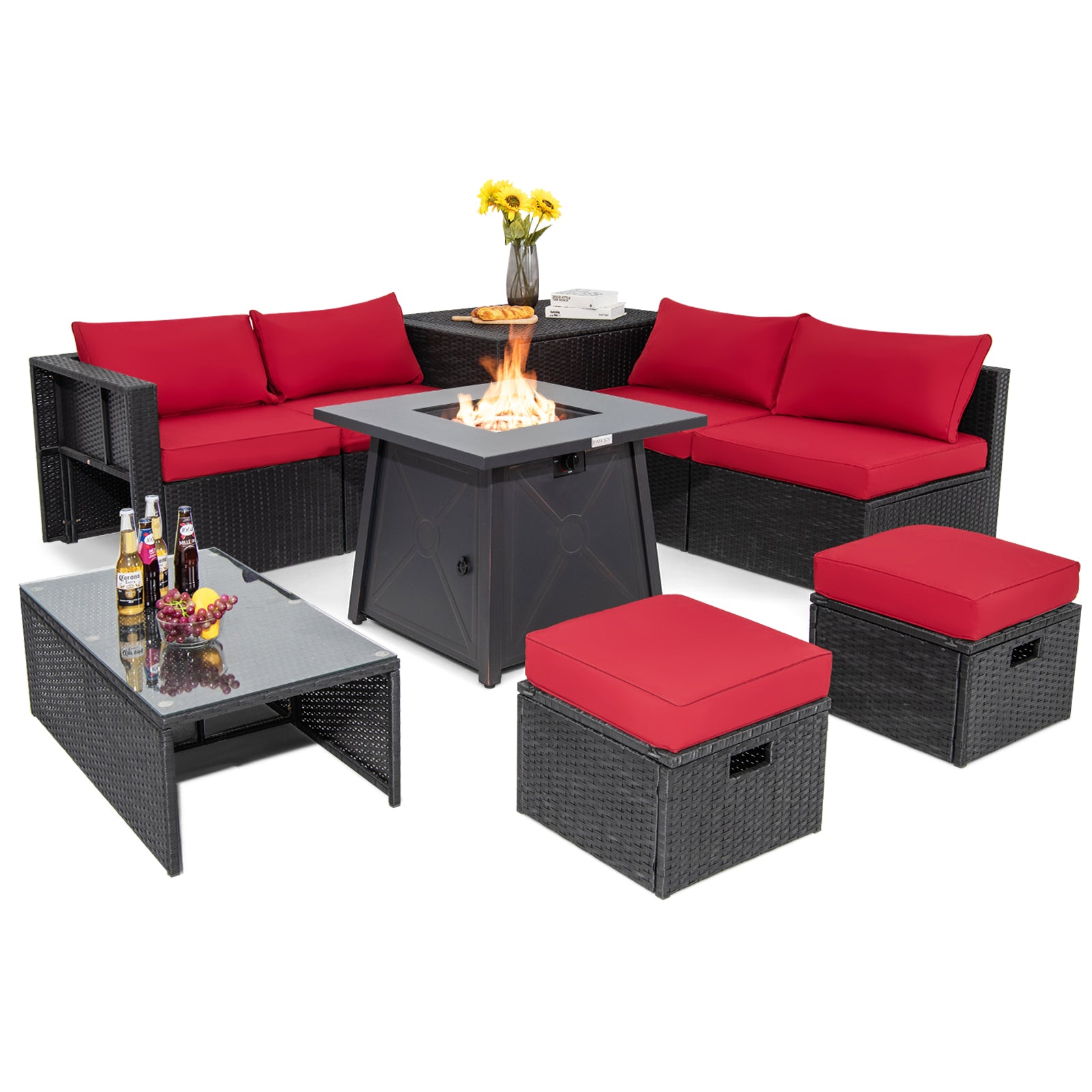 9 Piece Weatherproof Rattan Patio Conversation Set with 30 Inches Propane Fire Pit Table and Dust Covers-Navy - Red