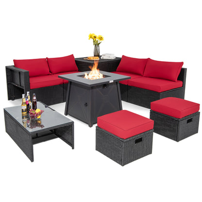 9 Piece Weatherproof Rattan Patio Conversation Set with 30 Inches Propane Fire Pit Table and Dust Covers-Navy - Red