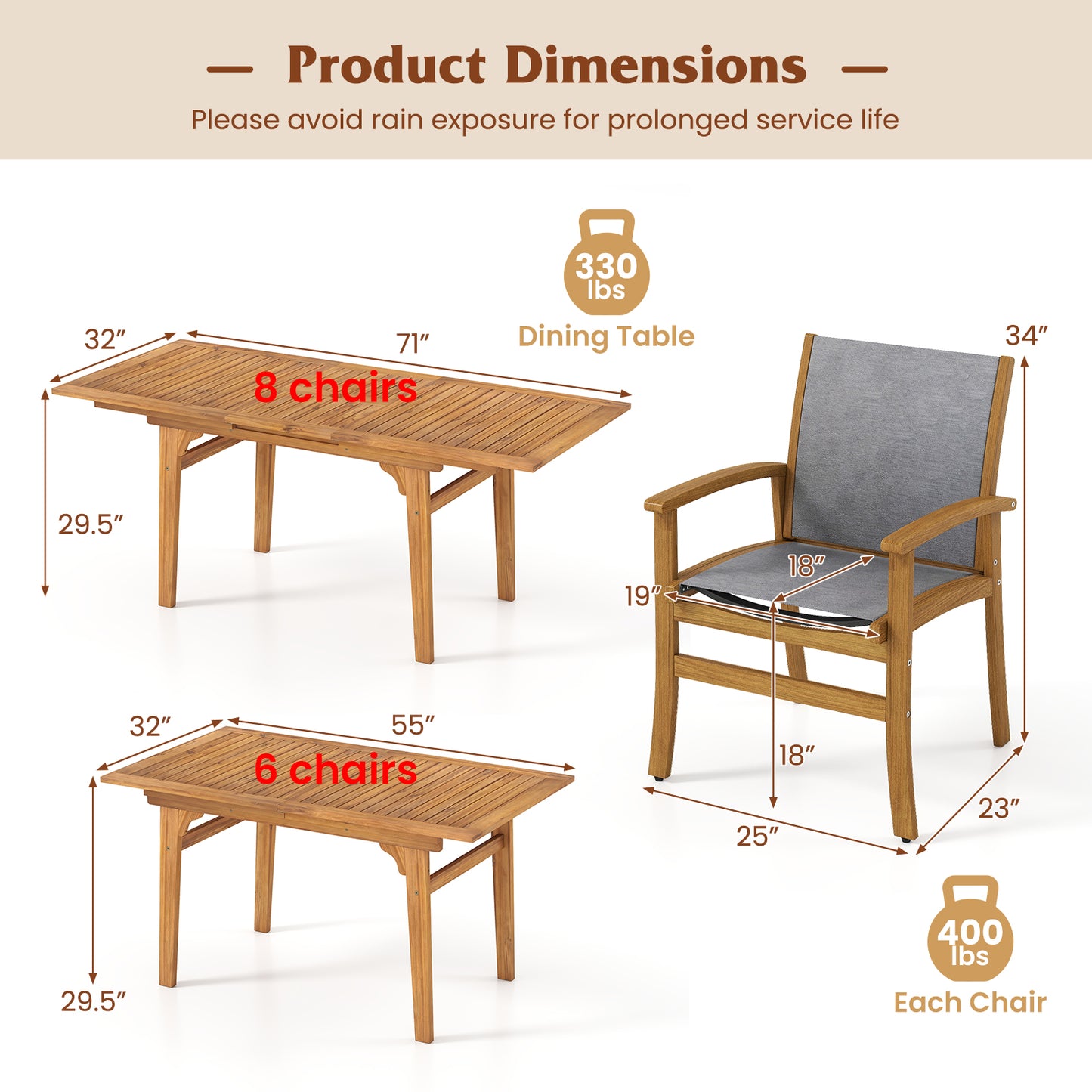 9 Pieces Acacia Wood Patio Dining Set for 6-8