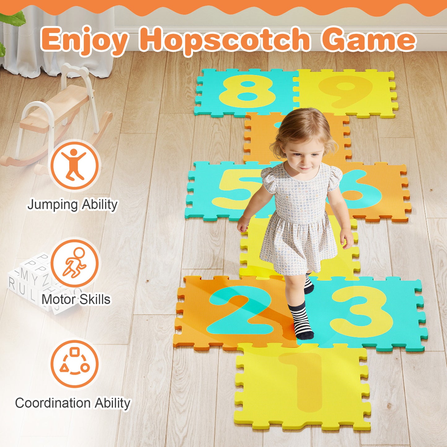 9 Pieces Interlocking Foam Puzzle Floor Mat with 3 Marker Discs-Yellow