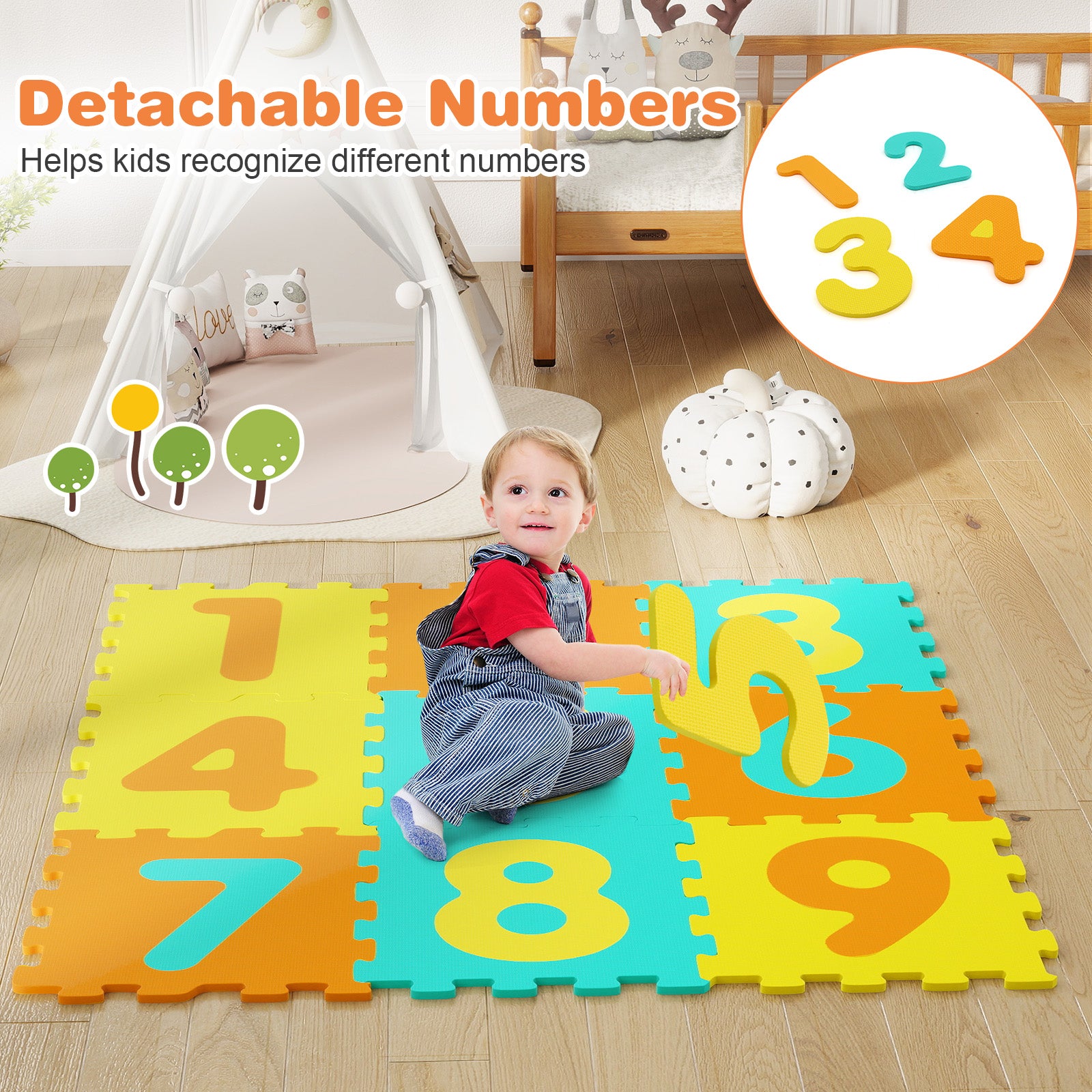 9 Pieces Interlocking Foam Puzzle Floor Mat with 3 Marker Discs-Yellow