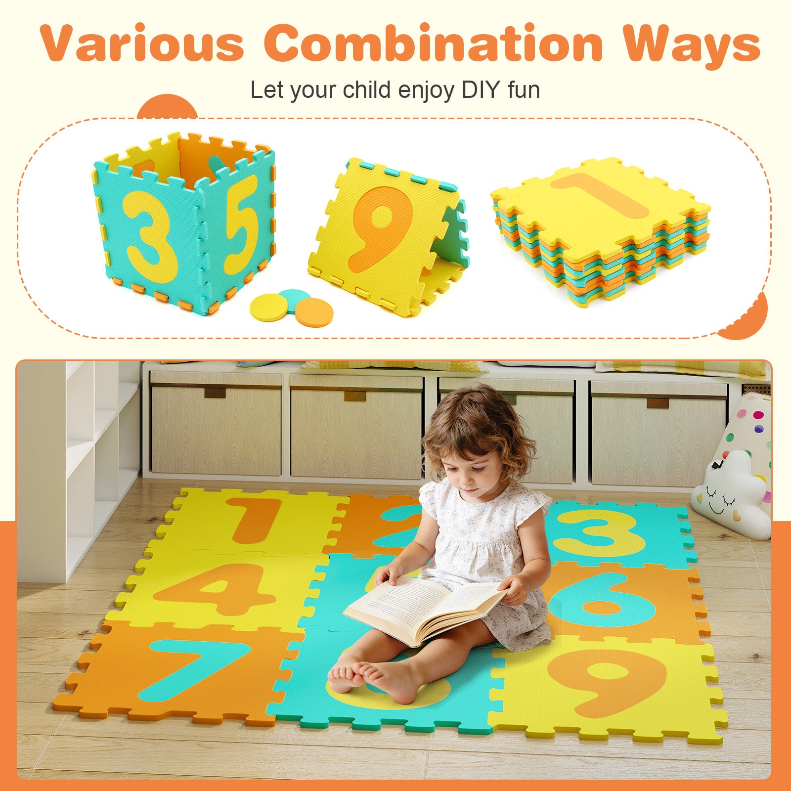 9 Pieces Interlocking Foam Puzzle Floor Mat with 3 Marker Discs-Yellow