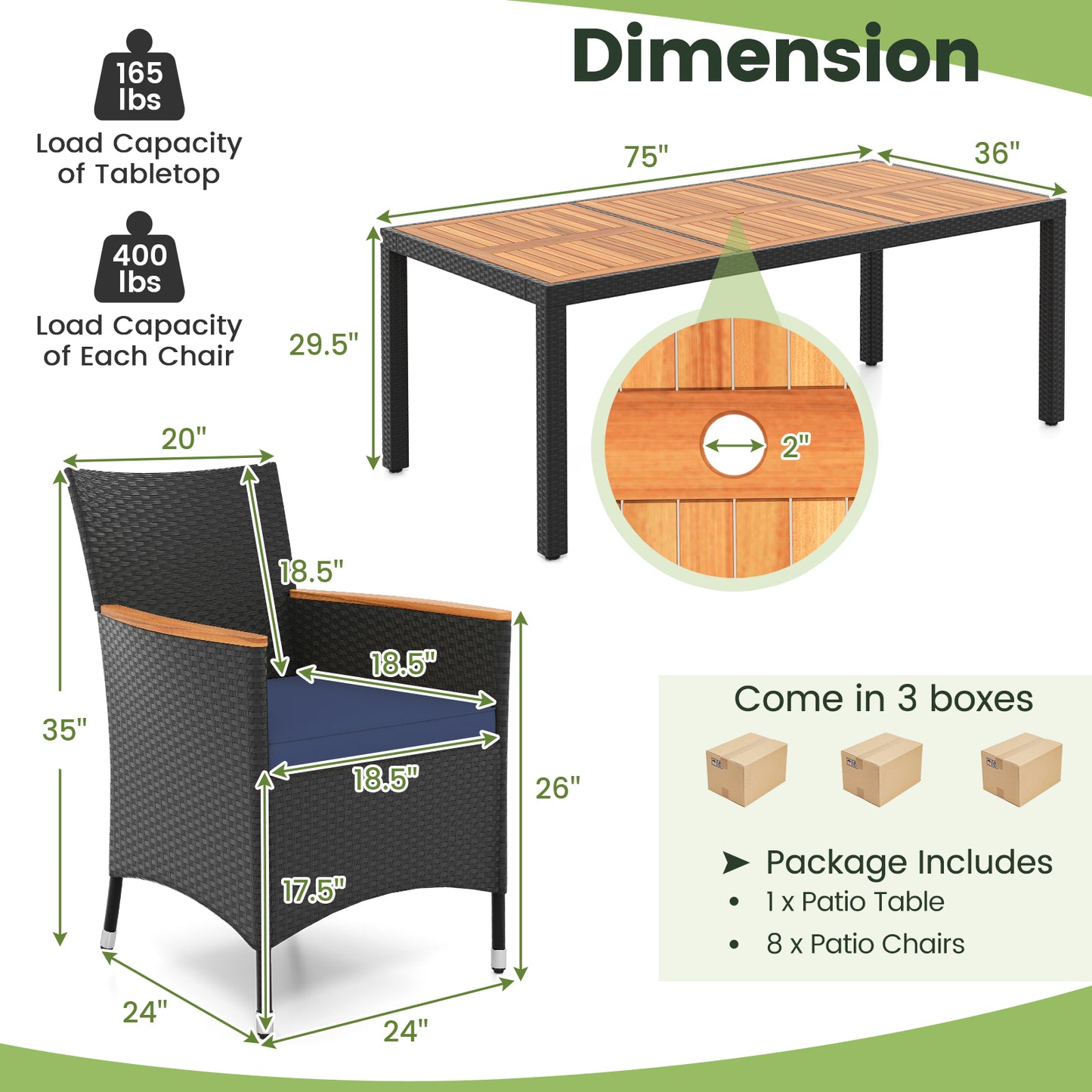 9 Pieces Outdoor Dining Set with Acacia Wood Tabletop for Garden-Navy