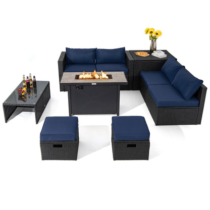 9 Pieces Outdoor PE Rattan Wicker Sectional Sofa with 42 Inch 60 000 BTU Gas Fire Pit Table-Navy - Navy