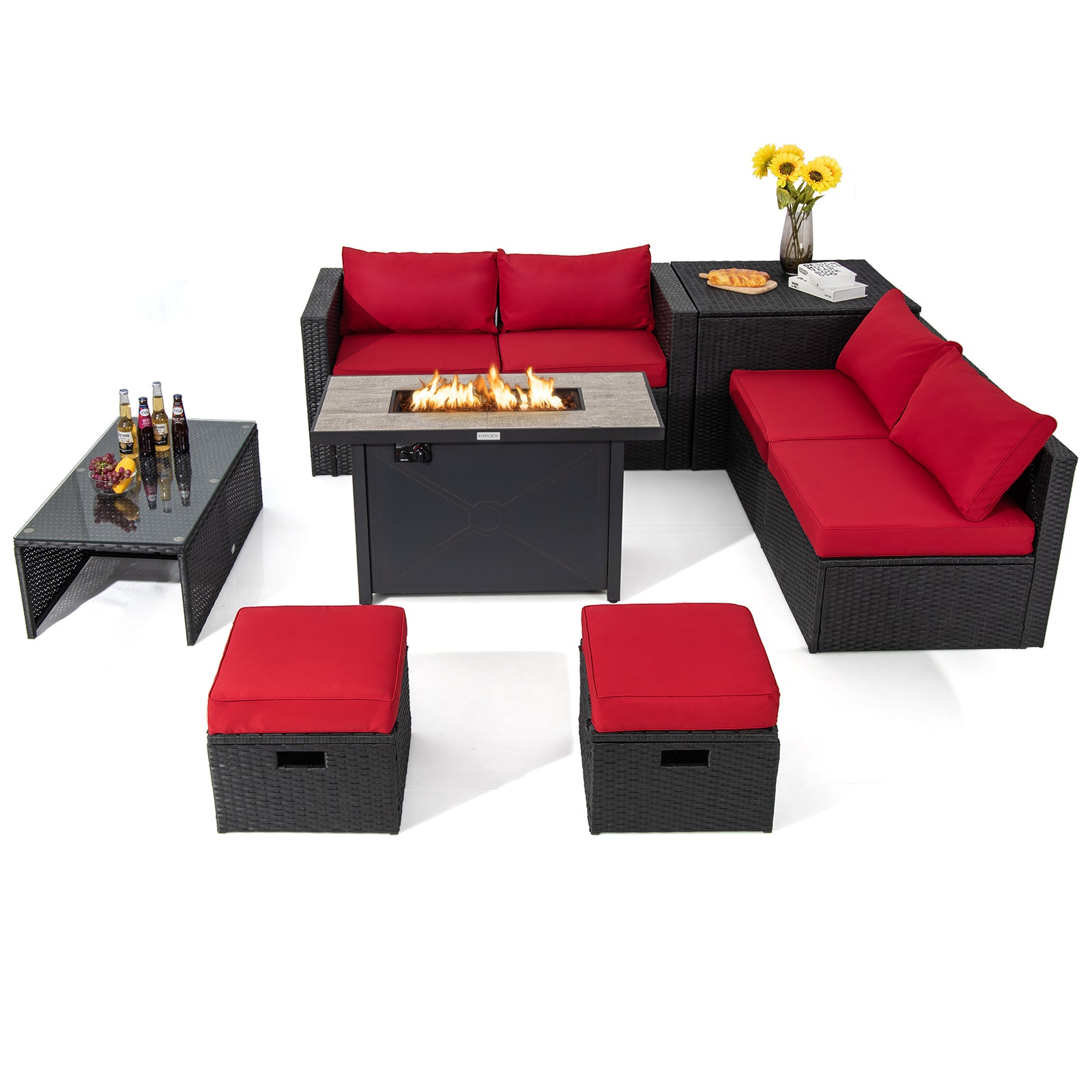 9 Pieces Outdoor PE Rattan Wicker Sectional Sofa with 42 Inch 60 000 BTU Gas Fire Pit Table-Navy - Red