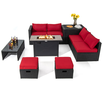 9 Pieces Outdoor PE Rattan Wicker Sectional Sofa with 42 Inch 60 000 BTU Gas Fire Pit Table-Navy - Red