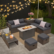 9 Pieces Outdoor Patio Furniture Set with 42 Inch Propane Fire Pit Table-Gray