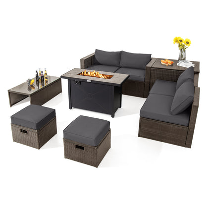 9 Pieces Outdoor Patio Furniture Set with 42 Inch Propane Fire Pit Table-Gray - Gray