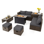 9 Pieces Outdoor Patio Furniture Set with 42 Inch Propane Fire Pit Table-Gray