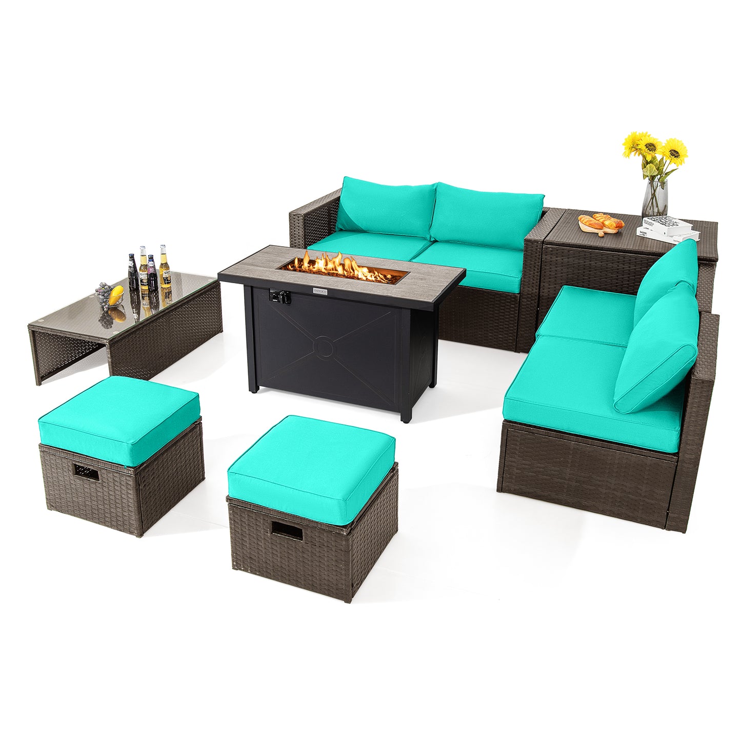 9 Pieces Outdoor Patio Furniture Set with 42 Inch Propane Fire Pit Table-Gray - Turquoise