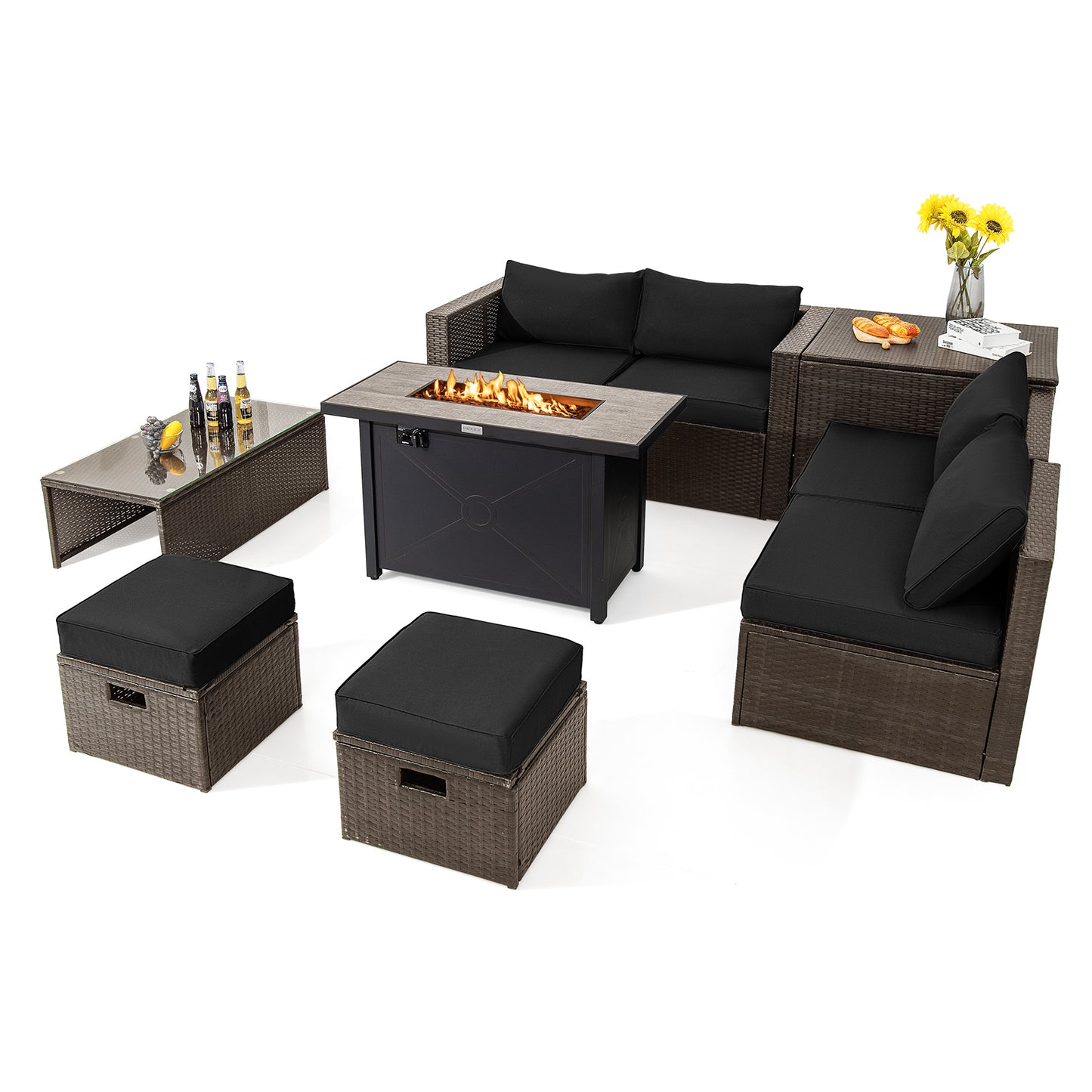 9 Pieces Outdoor Patio Furniture Set with 42 Inch Propane Fire Pit Table-Gray - Black