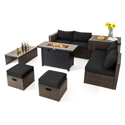 9 Pieces Outdoor Patio Furniture Set with 42 Inch Propane Fire Pit Table-Gray - Black