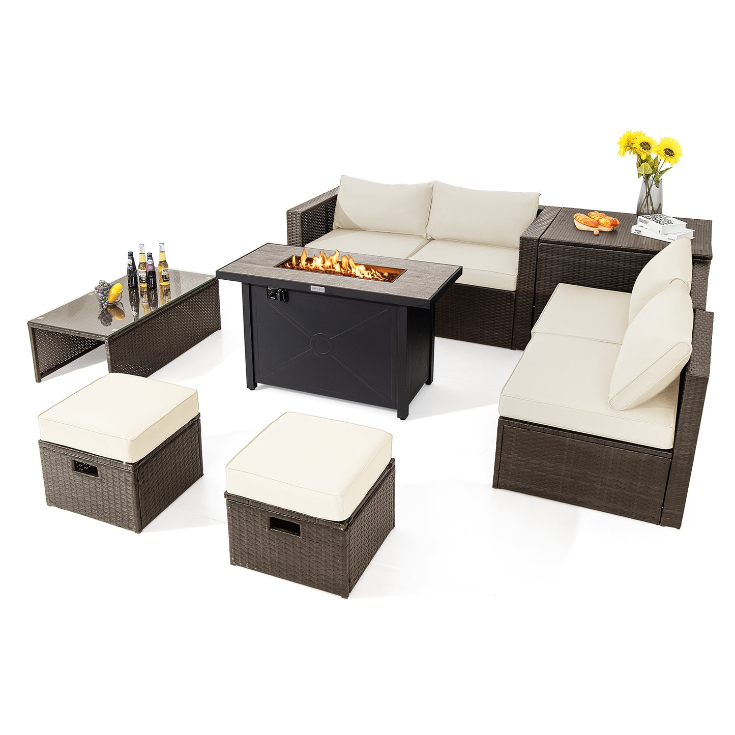 9 Pieces Outdoor Patio Furniture Set with 42 Inch Propane Fire Pit Table-Gray - White