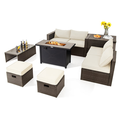 9 Pieces Outdoor Patio Furniture Set with 42 Inch Propane Fire Pit Table-Gray - White