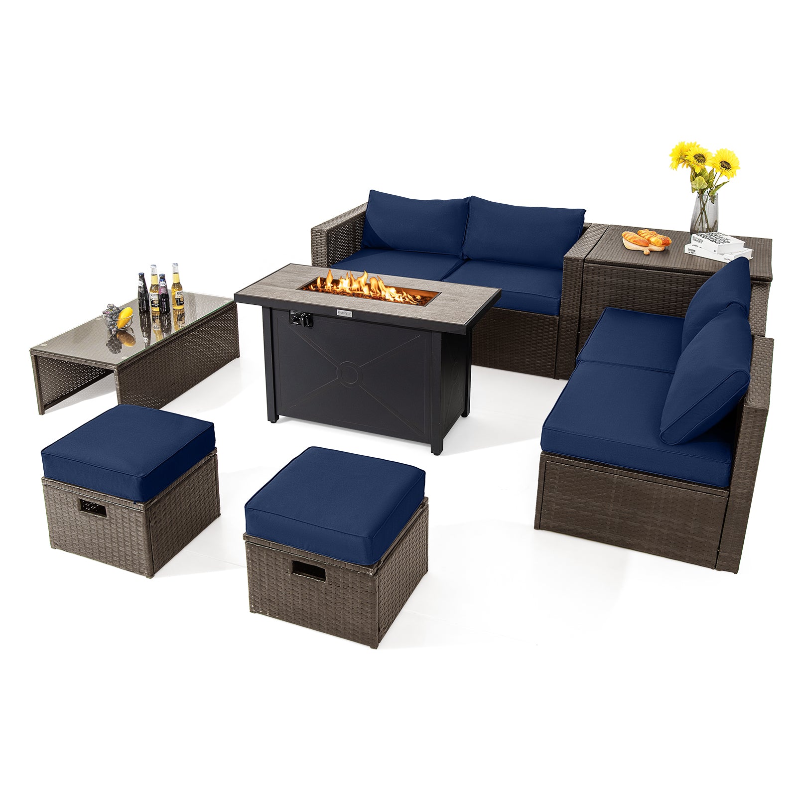 9 Pieces Outdoor Patio Furniture Set with 42 Inch Propane Fire Pit Table-Gray - Navy