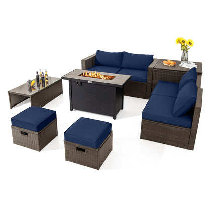 9 Pieces Outdoor Patio Furniture Set with 42 Inch Propane Fire Pit Table-Gray - Navy
