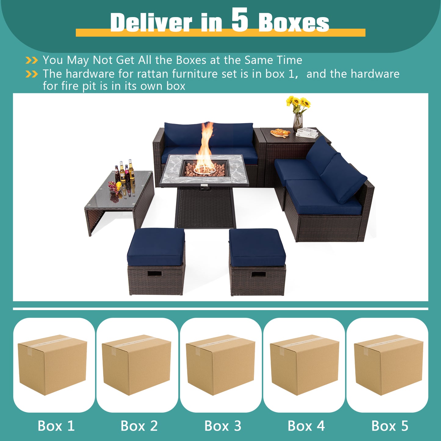 9 Pieces Patio PE Wicker Sectional Set with 50000 BTU Fire Pit Table-Navy