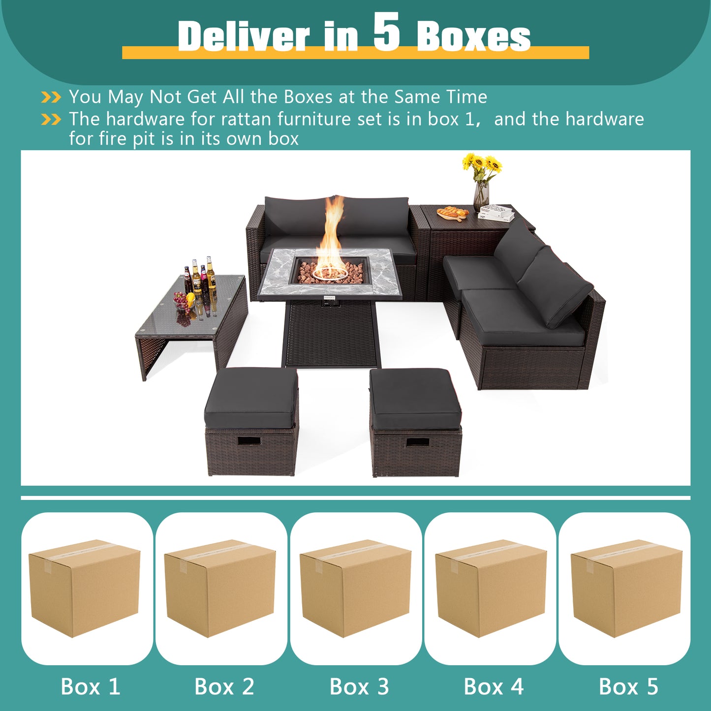 9 Pieces Patio PE Wicker Sectional Set with 50000 BTU Fire Pit Table-Gray