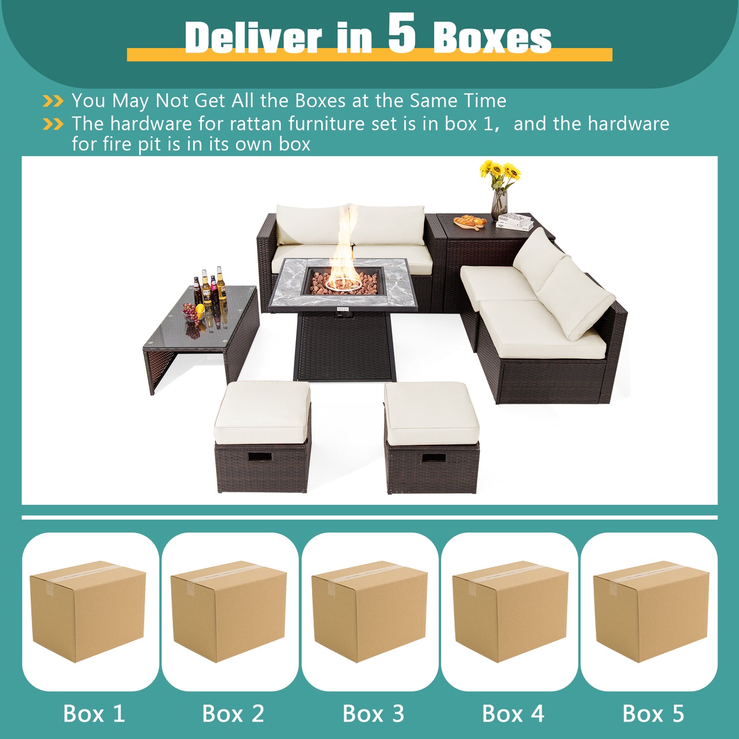 9 Pieces Patio PE Wicker Sectional Set with 50000 BTU Fire Pit Table-Off White
