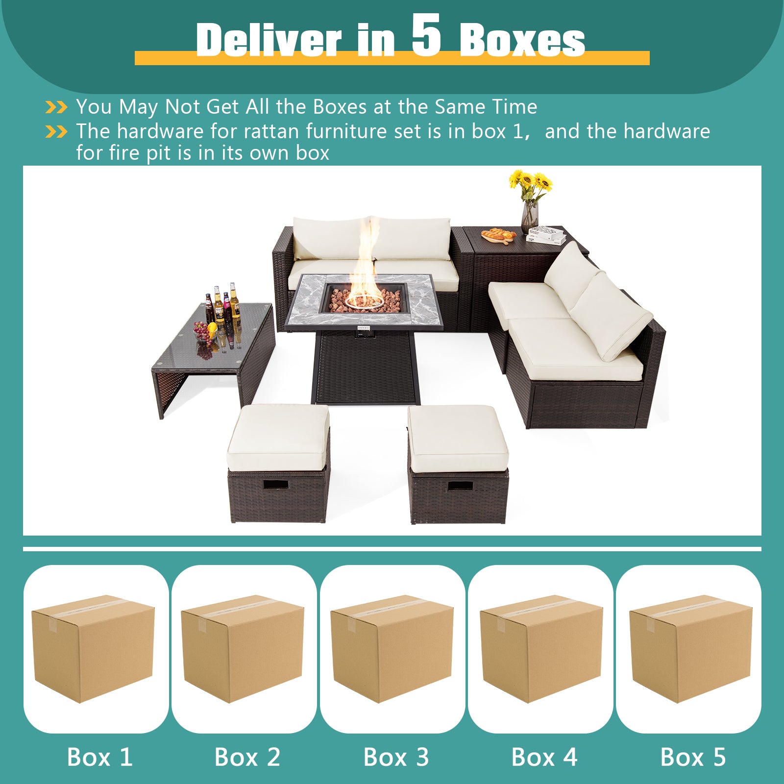 9 Pieces Patio PE Wicker Sectional Set with 50000 BTU Fire Pit Table-Off White