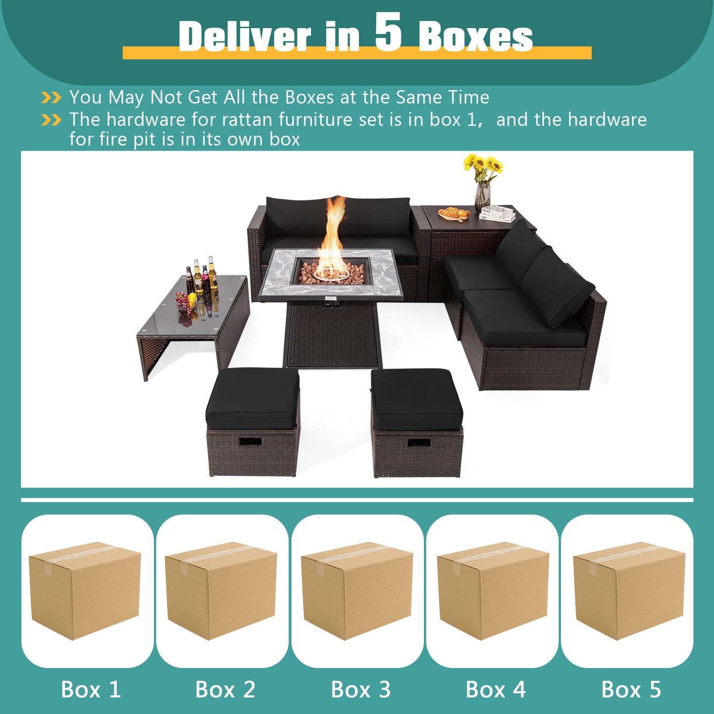 9 Pieces Patio PE Wicker Sectional Set with 50000 BTU Fire Pit Table-Black