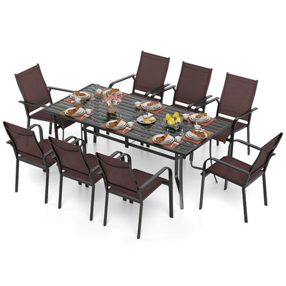 9 Pieces Patio Dining Set for 8 Outdoor Rectangular Table and Stackable Chairs-Brown