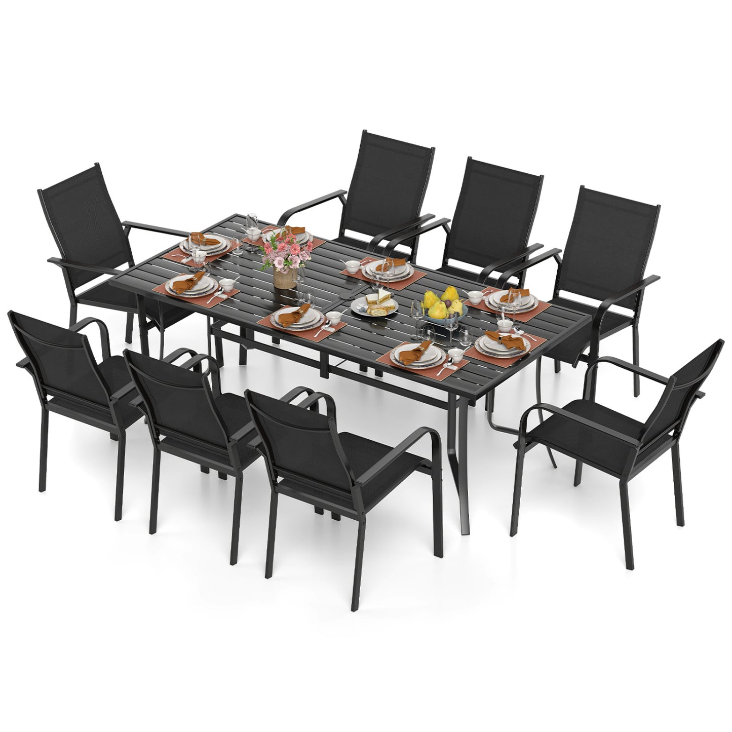 9 Pieces Patio Dining Set for 8 Stackable Chairs and Outdoor Rectangular Table-Black