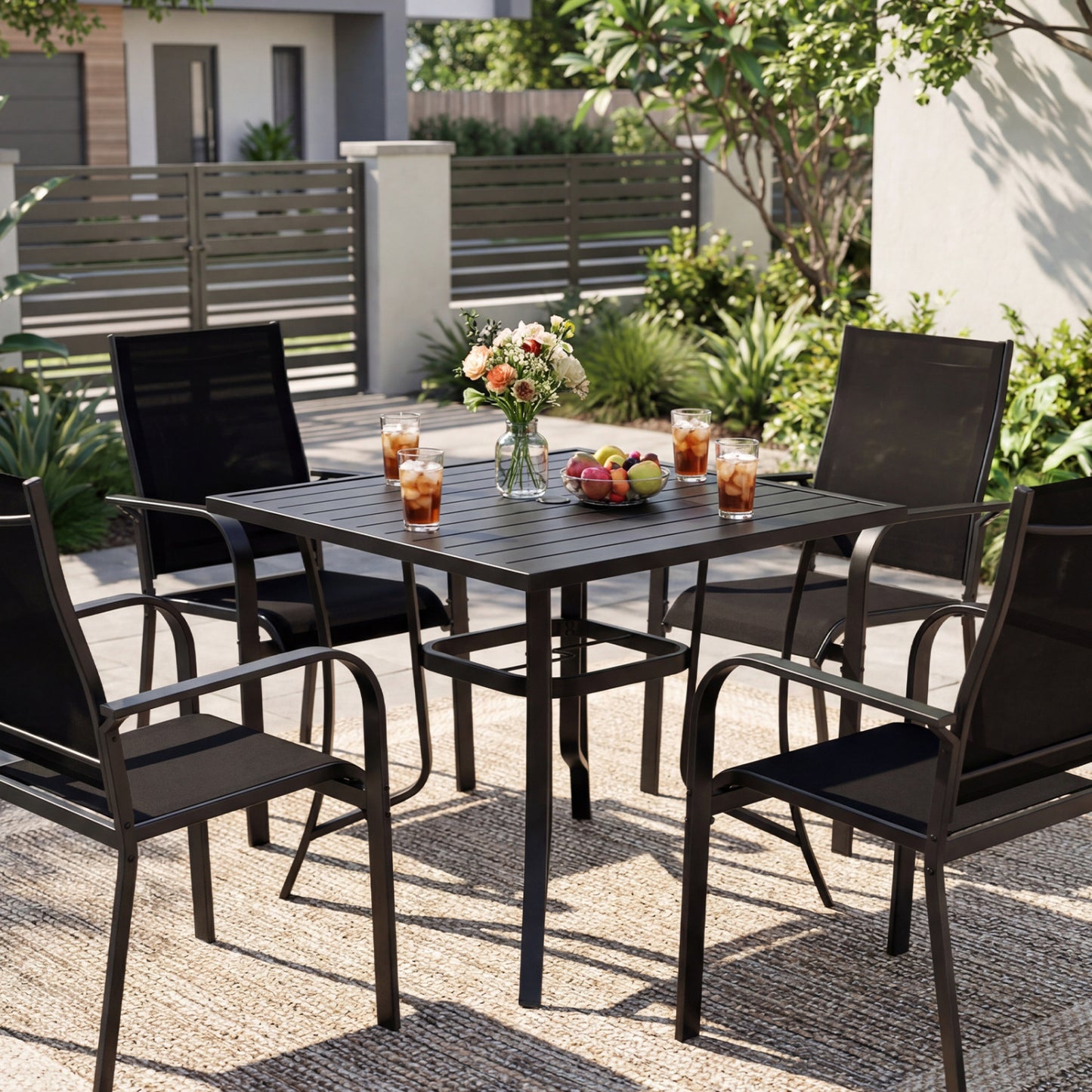 5 Pieces Patio Dining Set for 4 Outdoor Square Table and Stackable Chairs-Black