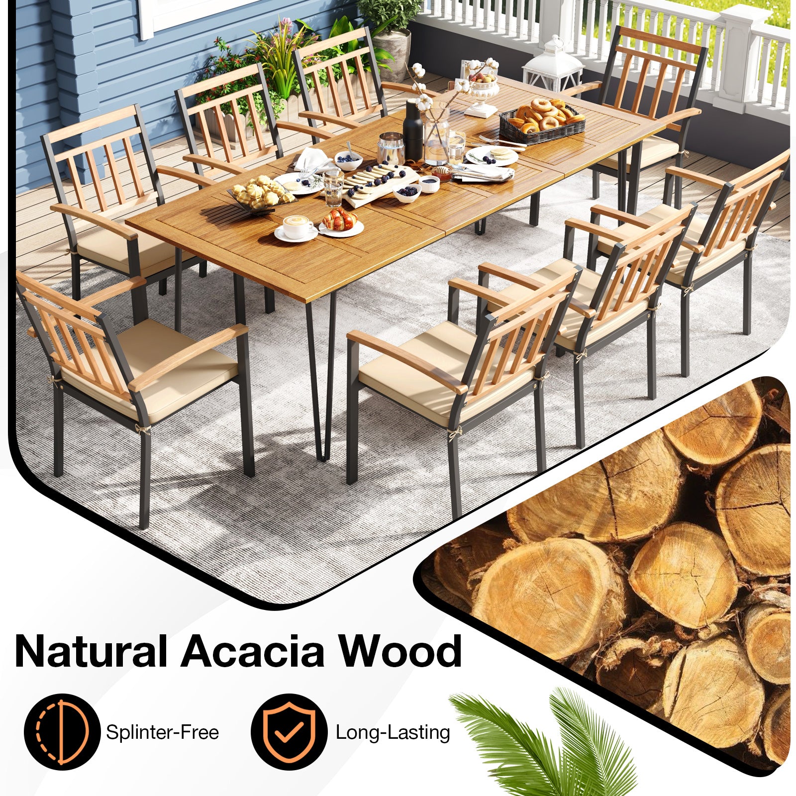 9 Pieces Patio Dining Outdoor Furniture Set with 8 Chairs and Umbrella Hole