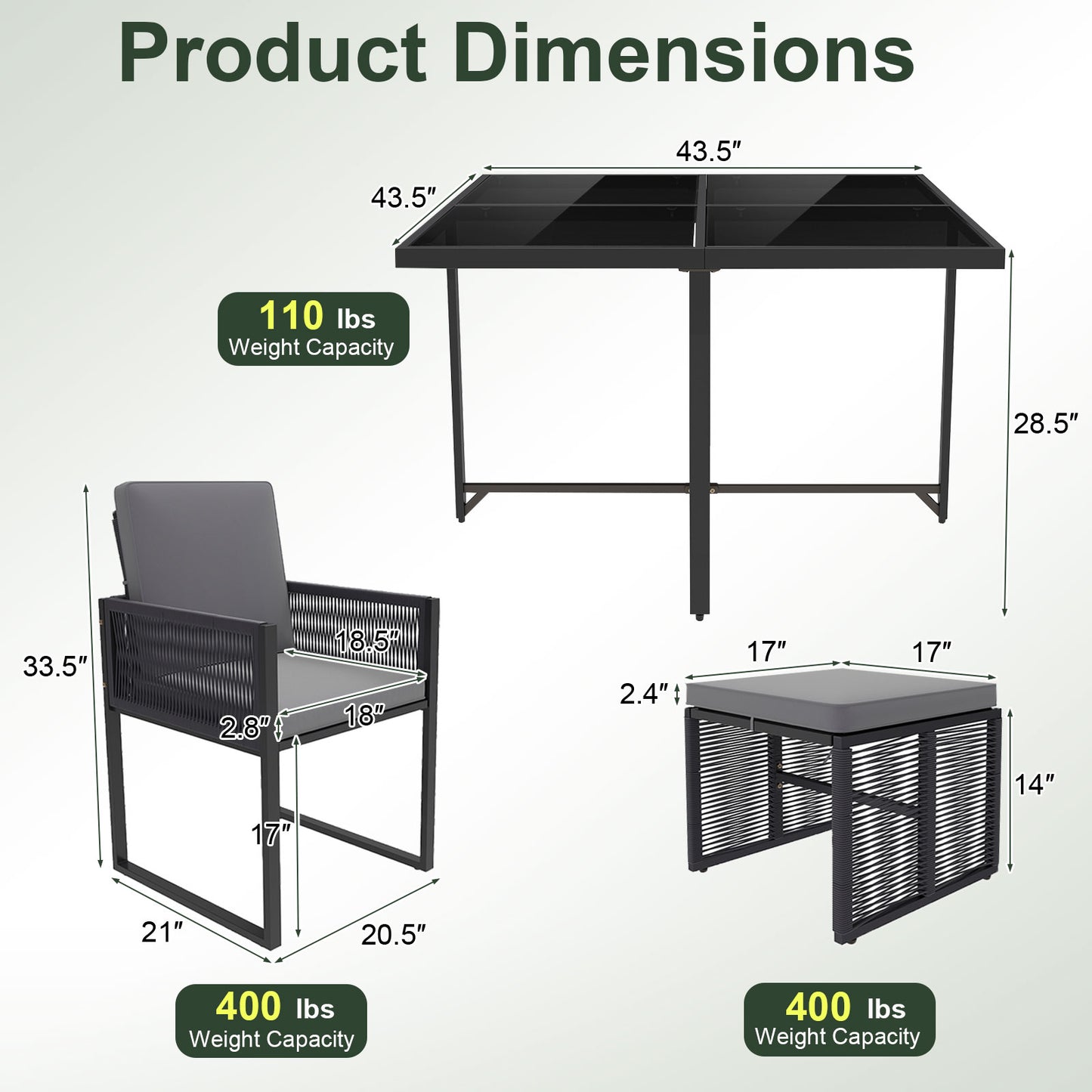 9 Pieces Patio Dining Set with Cushions for Yard Garden-Gray