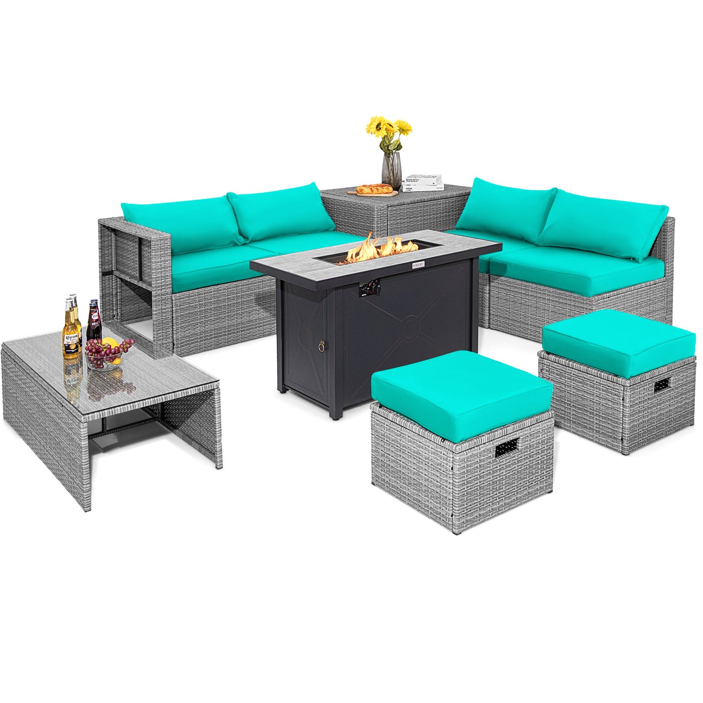 9 Pieces Patio Furniture Set with 42 Inches 60000 BTU Fire Pit-Black - Turquoise