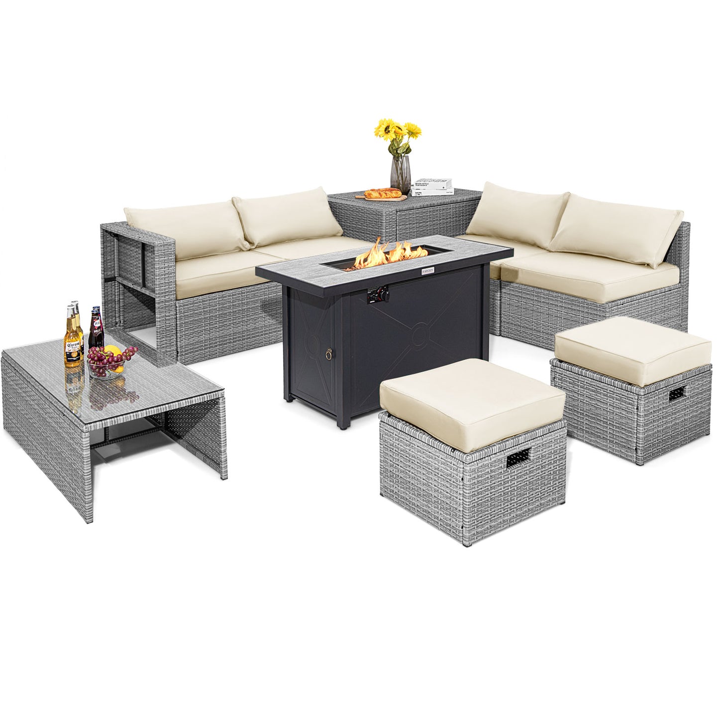 9 Pieces Patio Furniture Set with 42 Inches 60000 BTU Fire Pit-Black - White