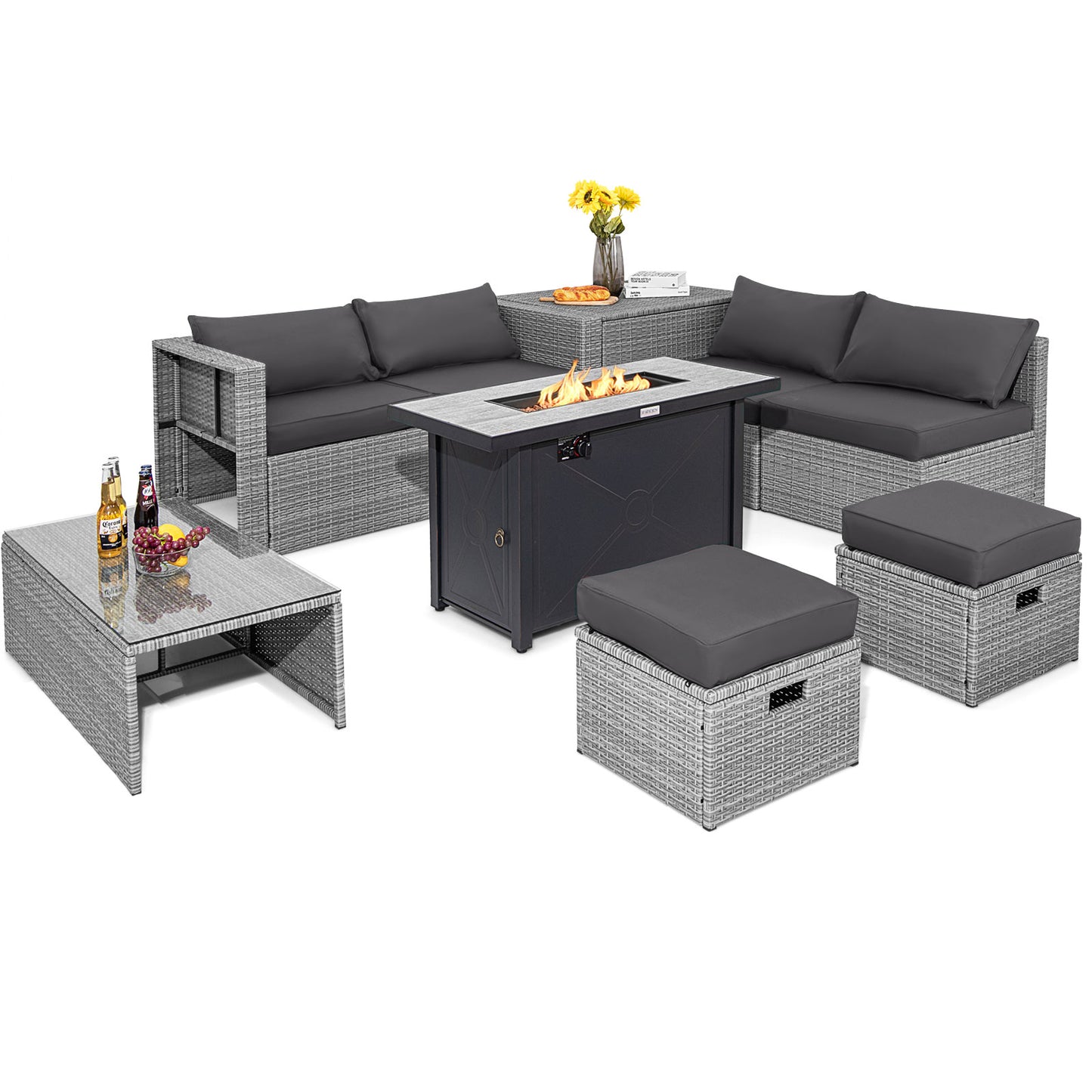 9 Pieces Patio Furniture Set with 42 Inches 60000 BTU Fire Pit-Black - Gray