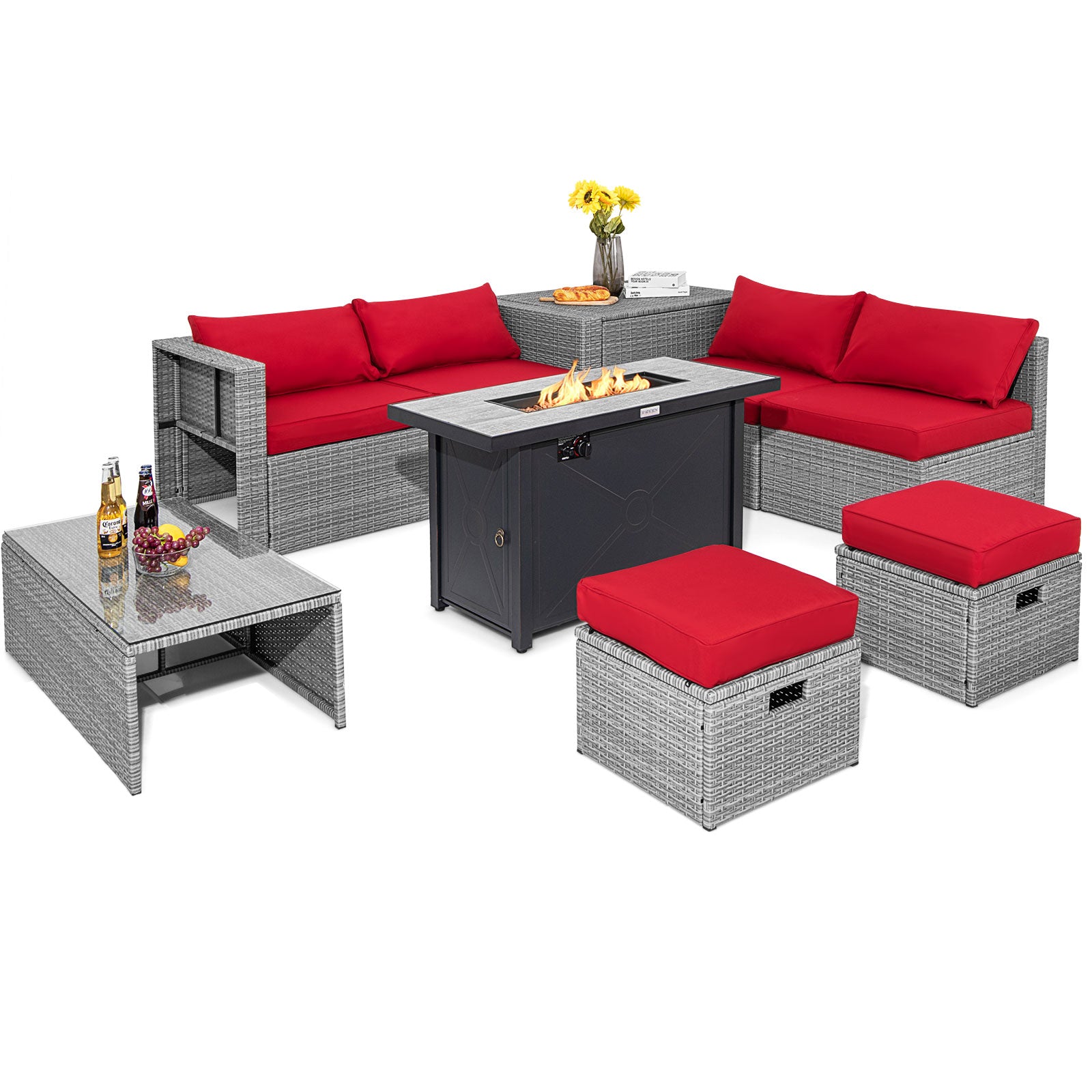 9 Pieces Patio Furniture Set with 42 Inches 60000 BTU Fire Pit-Black - Red