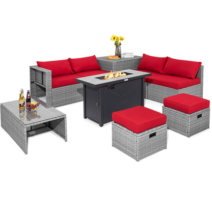 9 Pieces Patio Furniture Set with 42 Inches 60000 BTU Fire Pit-Black - Red