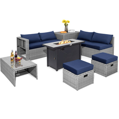 9 Pieces Patio Furniture Set with 42 Inches 60000 BTU Fire Pit-Black - Navy