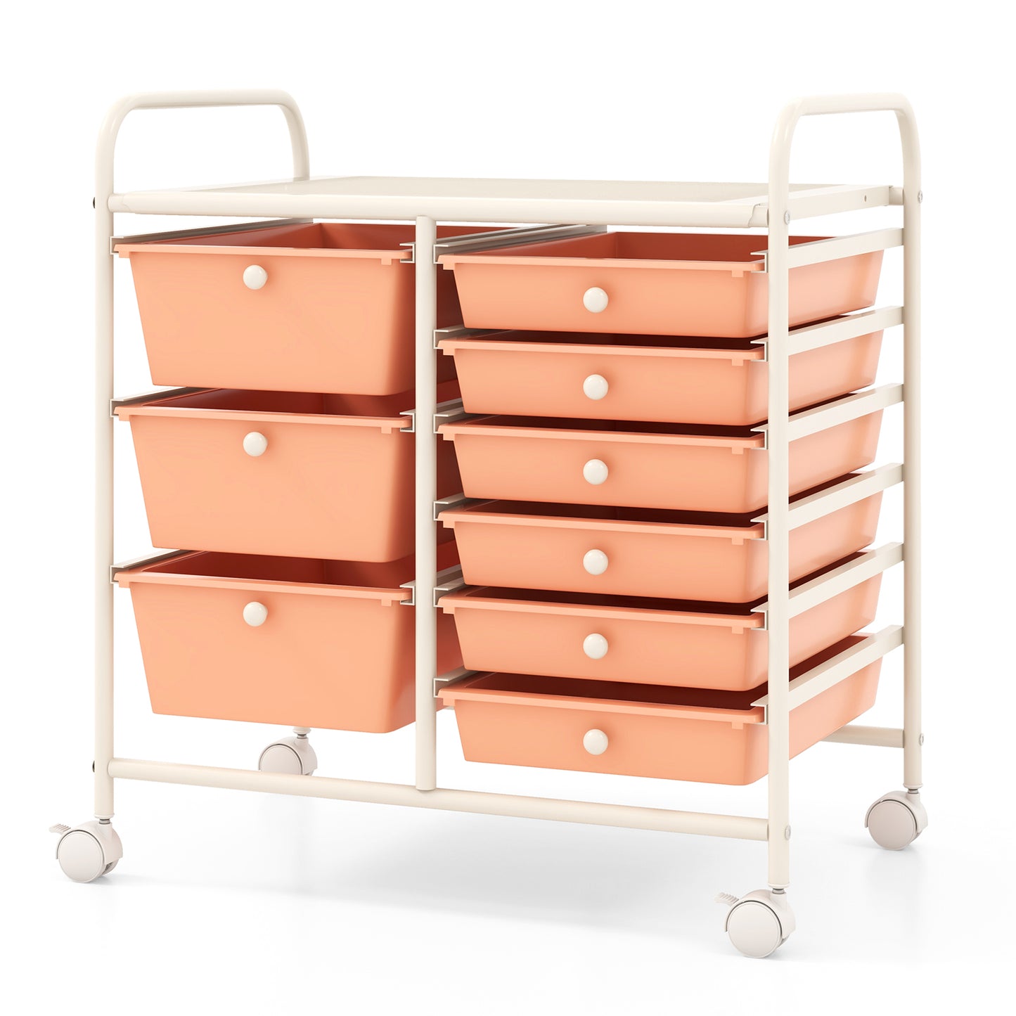 9-Drawer Rolling Storage Cart with Colorful Drawers and Metal Frame-Peach - Peach