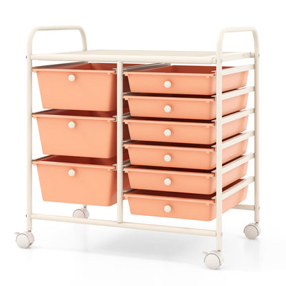 9-Drawer Rolling Storage Cart with Colorful Drawers and Metal Frame-Peach - Peach