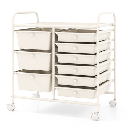9-Drawer Rolling Storage Cart with Colorful Drawers and Metal Frame-Peach - White