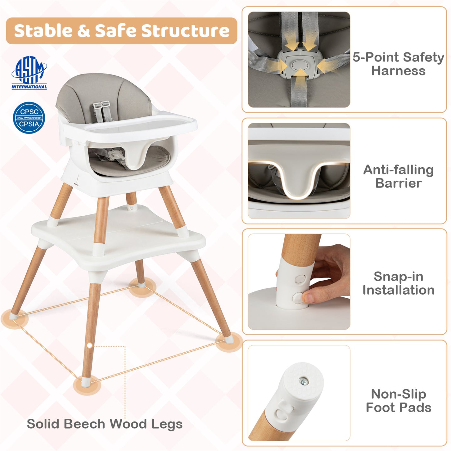 9-in-1 Convertible High Chair with Solid Wood Legs for Babies and Toddlers