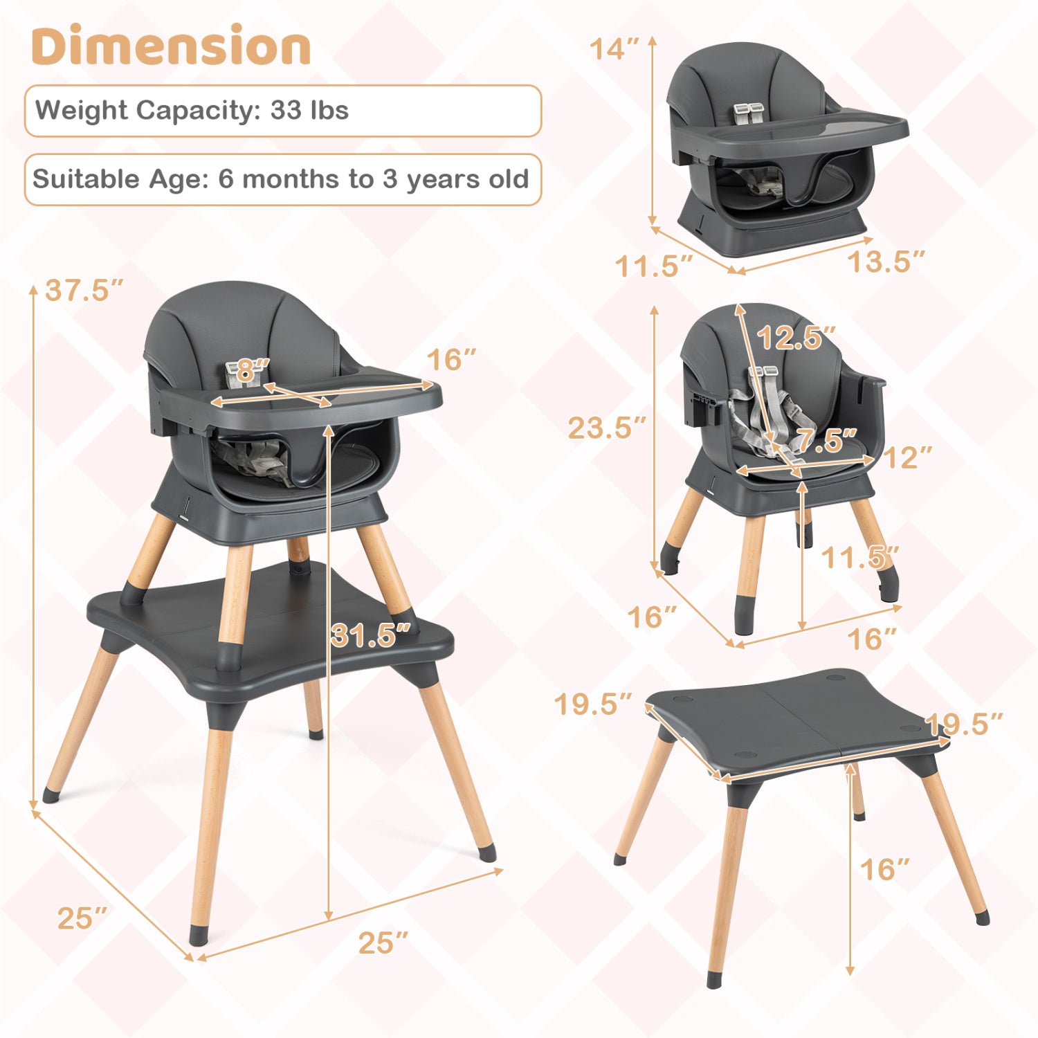 9-in-1 Convertible High Chair with Solid Wood Legs for Babies and Toddlers