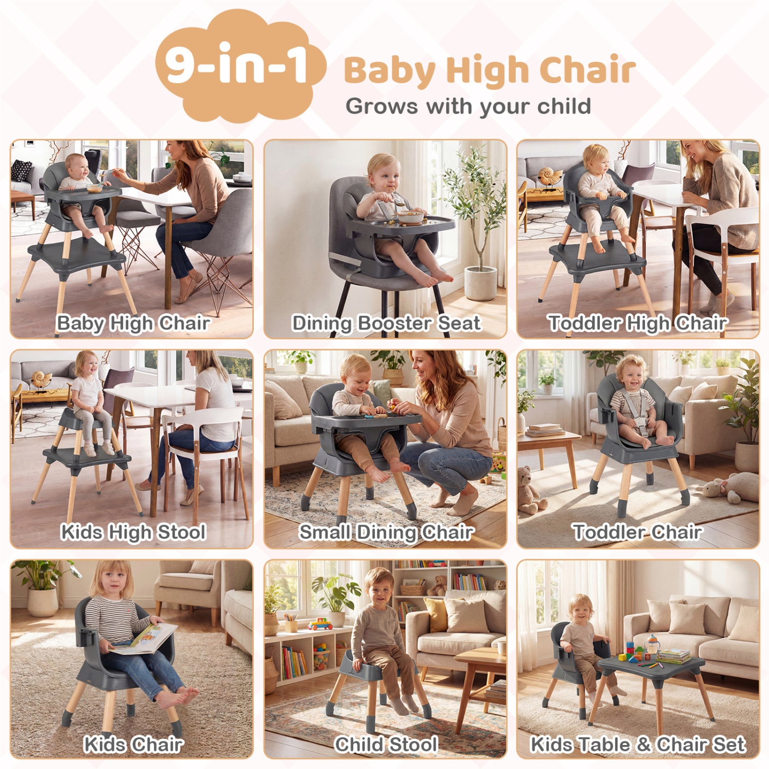 9-in-1 Convertible High Chair with Solid Wood Legs for Babies and Toddlers